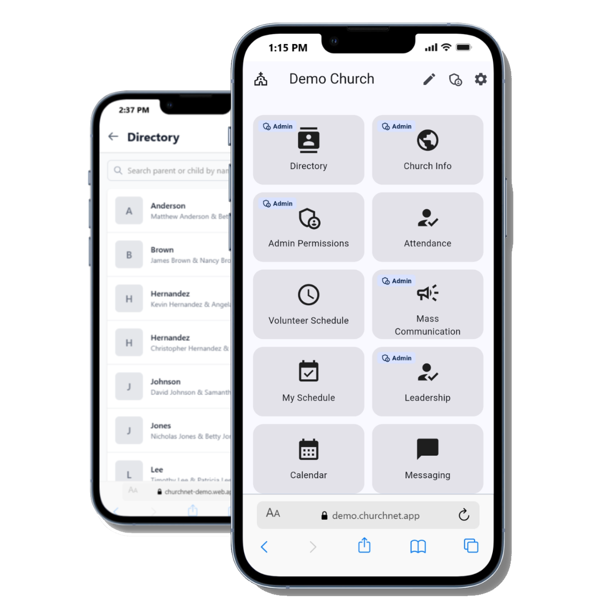 ChurchNET mobile app on two phones